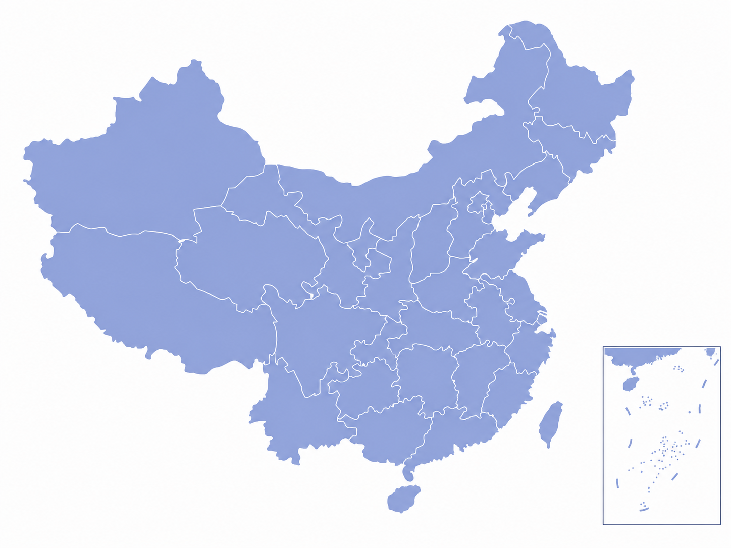 中国地图,含台湾岛、海南岛及南海诸岛附图,并标注星汉信息十五个服务城市